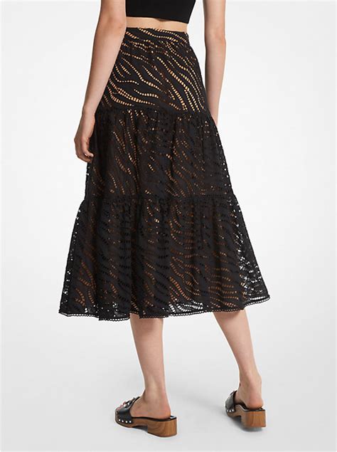 Zebra Eyelet Cotton Tiered Midi Skirt 